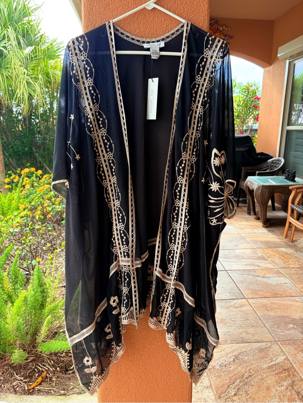 NWT Hippie Boho Rachel Zoe Black/Tan Embroidered Kimono Cover-Up Duster ONE SZ